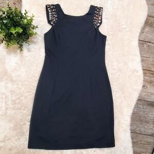 Aramodu Black Mini Sheath Dress with Shoulder Studs, Size Brazil 42 - US 8